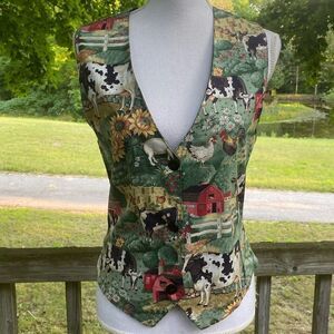 Linda Tilson Wm’s Sz Small Cotton Barnyard Farm Cows Pigs Design Vest Vintage